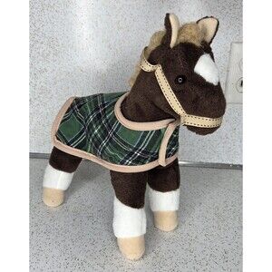 HugFun Brown White HORSE Plush w/ Green Plaid Blanket 12"